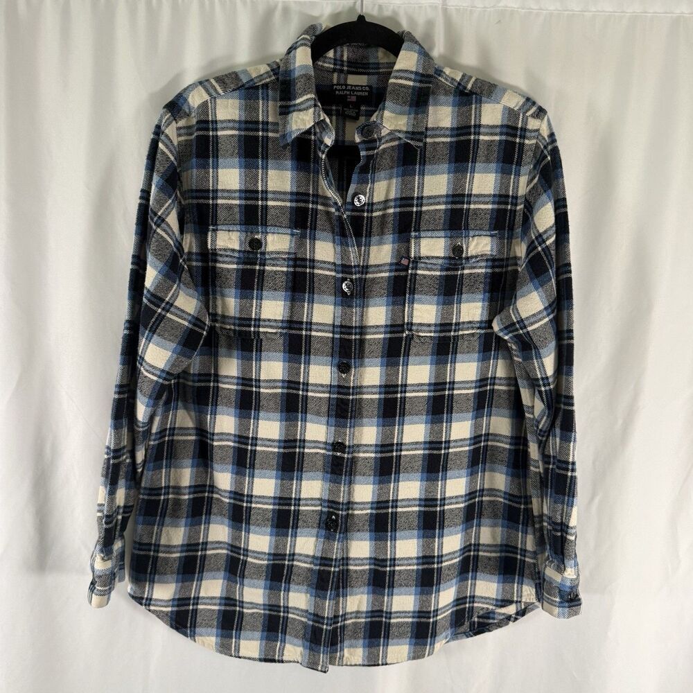 Polo Jeans Co Ralph Lauren Flannel Shirt Women's Large Blue Plaid Button Up Coll